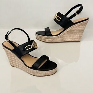 Black Wedge Sandals with Gold Accents